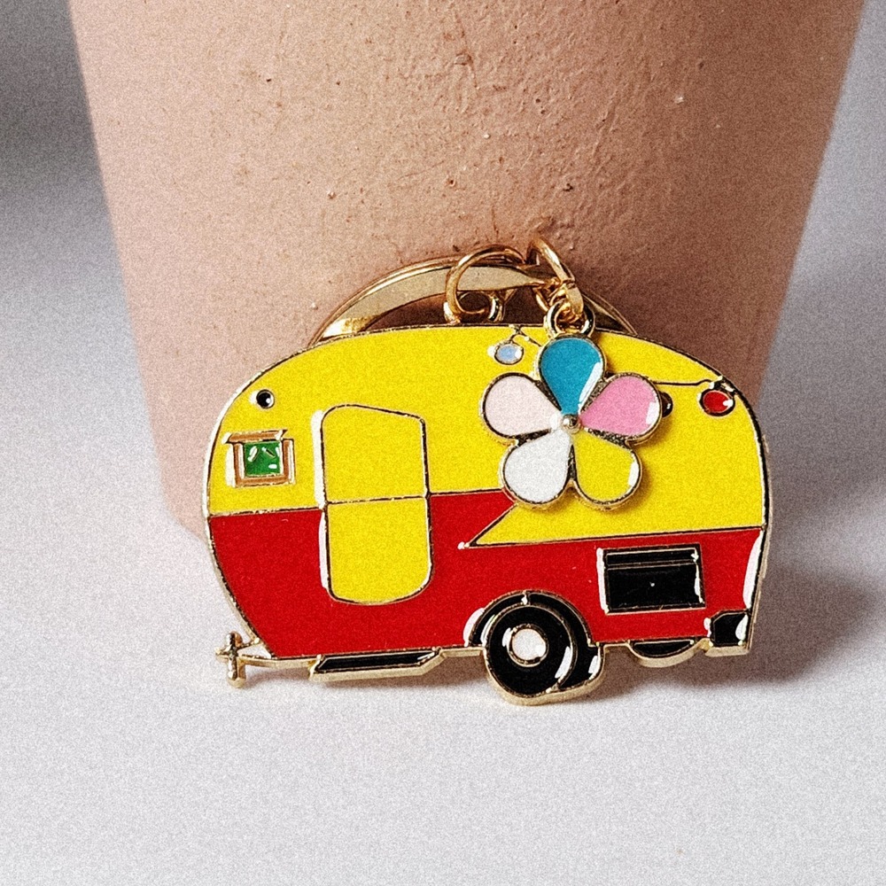 Vintage Style Yellow Red Enamel Camper Keychain with Flower Charm Boho Retro 1.5